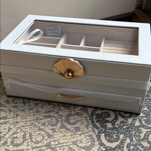 NEW White Jewelry Box with Gold Shell Handle and Drawer